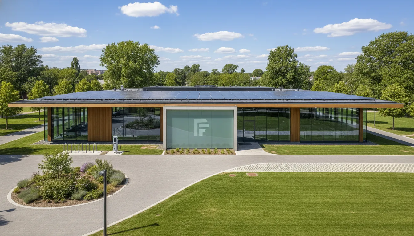 Edifício de escritório com painéis solares no telhado. Energia solar escritório para sustentabilidade e economia.