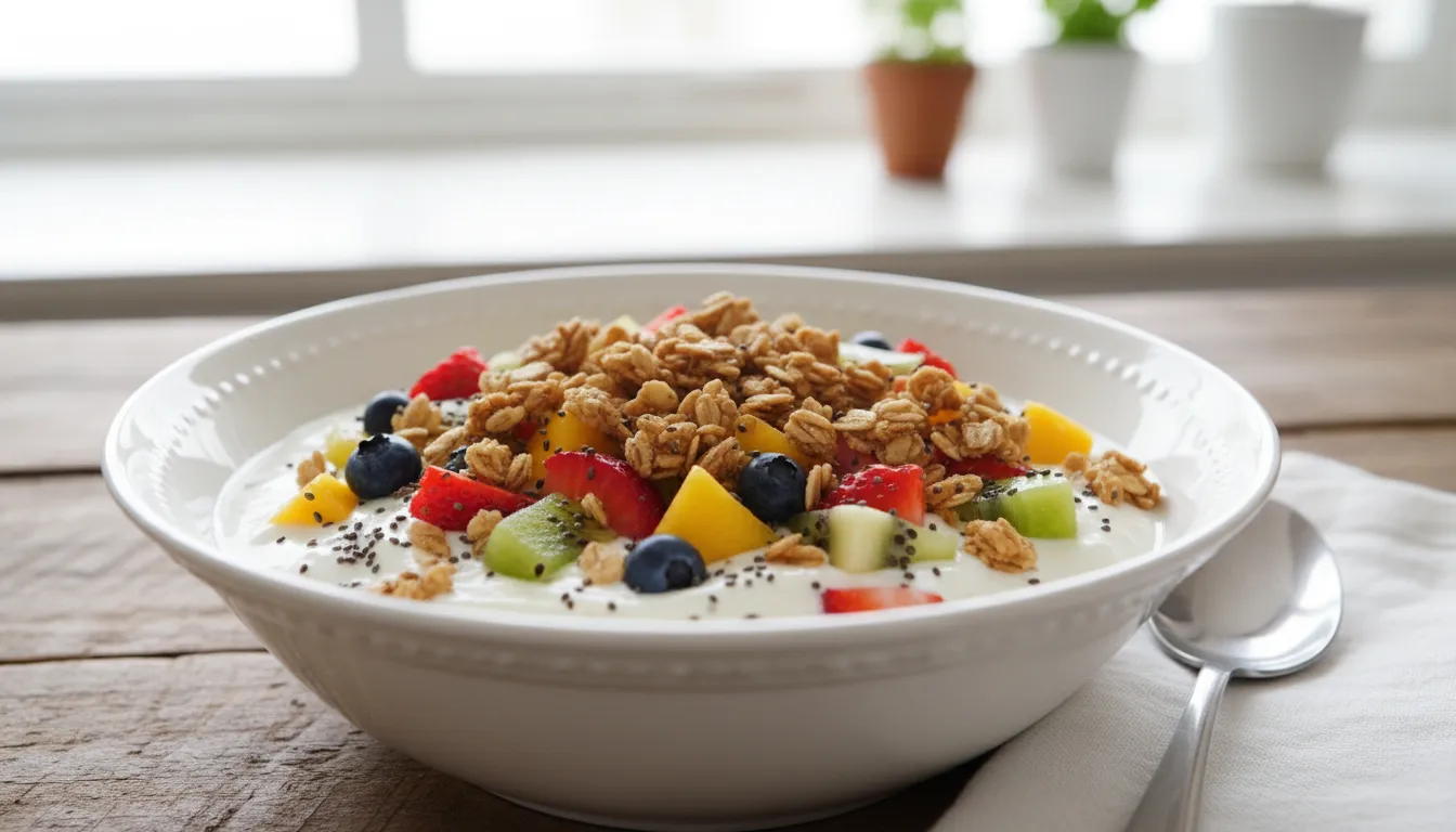Tigela de iogurte com granola, frutas e chia, ideia prática de lanche rico em fibras.