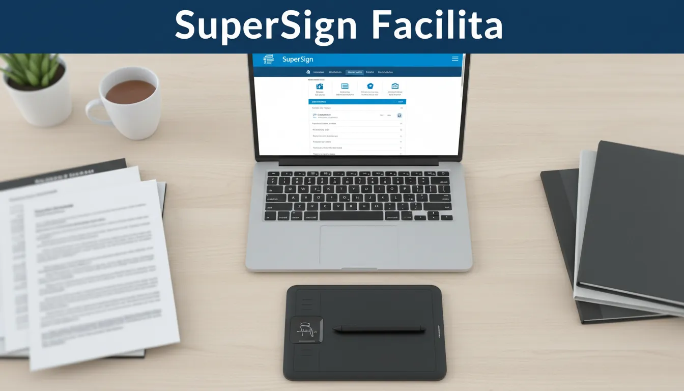 Visão de cima de uma mesa com documentos e laptop mostrando a plataforma SuperSign, enfatizando a facilidade da assinatura eletrônica qualificada.
