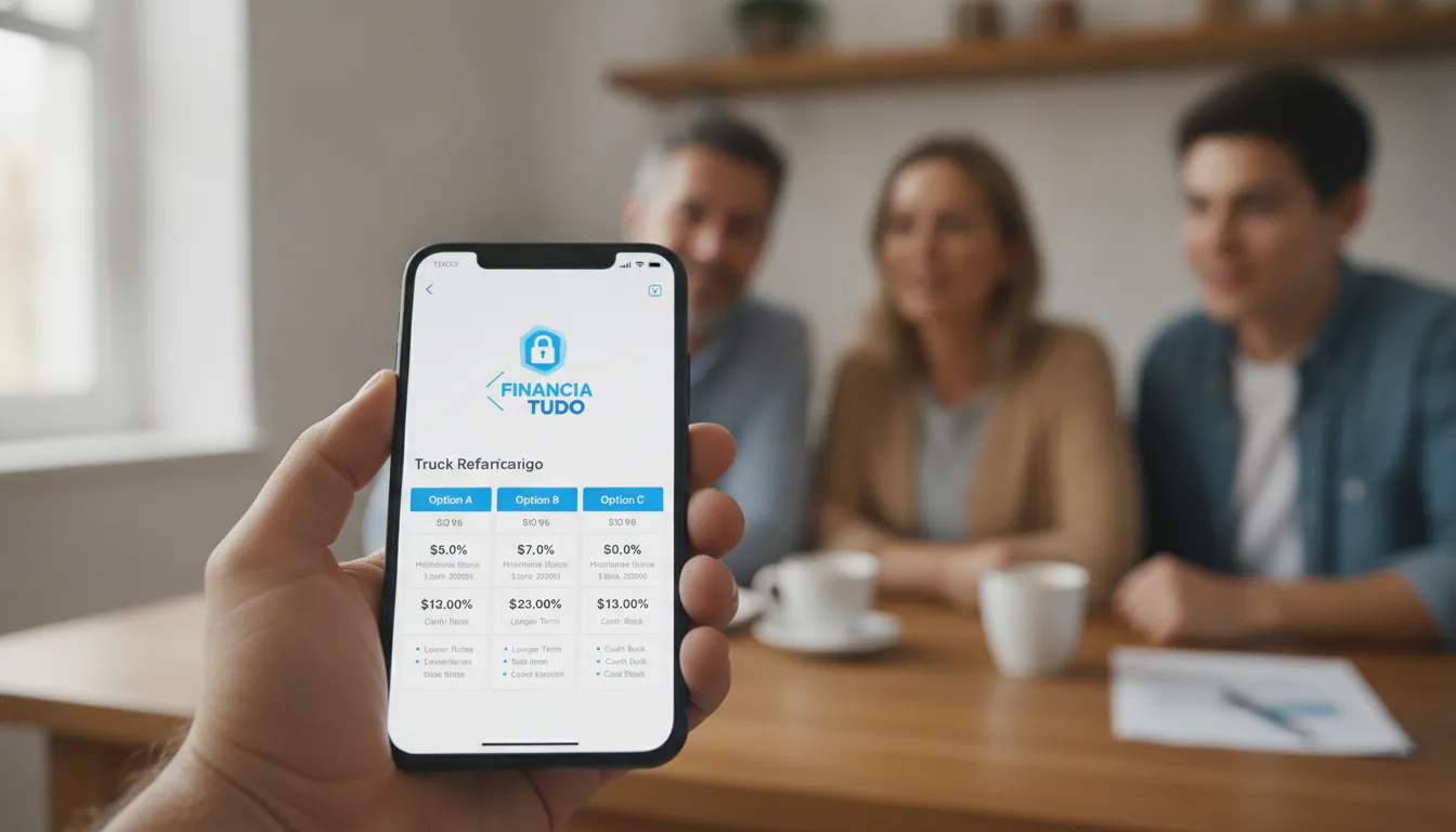 Tela do app Financia Tudo mostra opções de refinanciamento de caminhão, com família analisando propostas para transportadora.