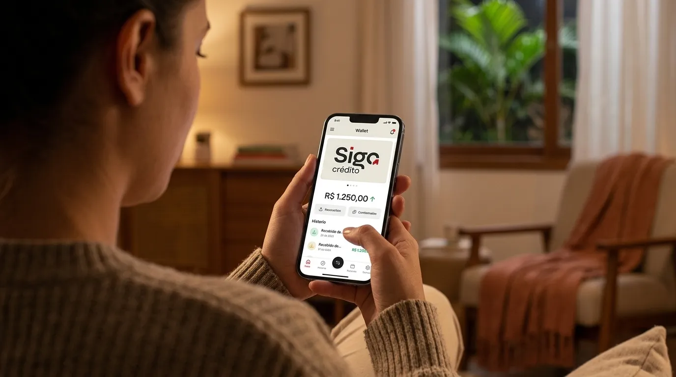 Celular exibe saldo positivo após aprovação de crédito rápido em casa.