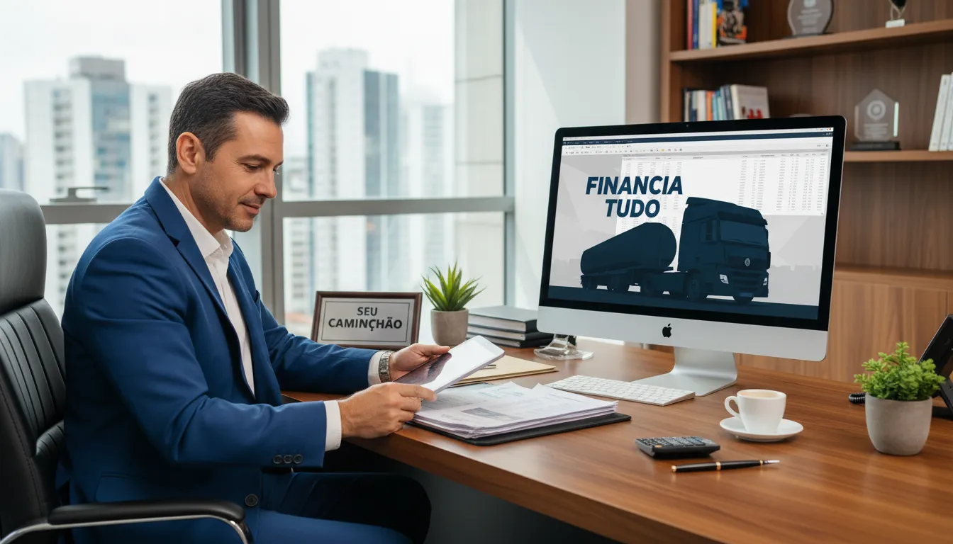 Uma pessoa analisando documentos financeiros de um caminhão quitado em uma mesa organizada, simbolizando planejamento financeiro. Imagem representativa.