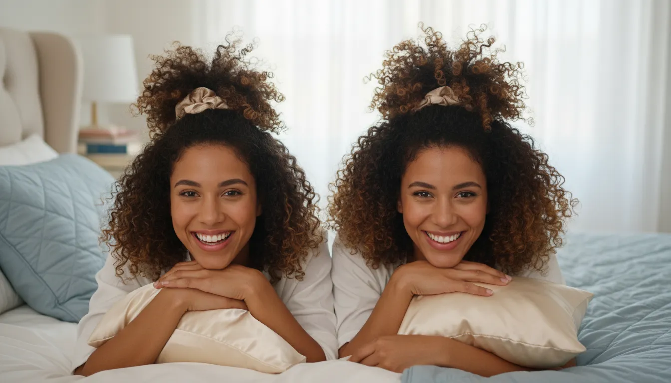 Duas mulheres com cabelos cacheados em penteado abacaxi sobre fronhas de cetim, sorrindo em ambiente confortável