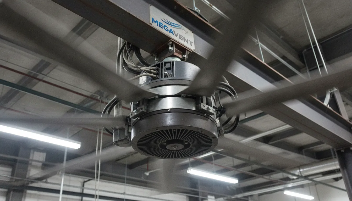 Detalhe fotorrealista do motor de um potente ventilador de teto industrial MegaVent, mostrando sua robustez e potência.