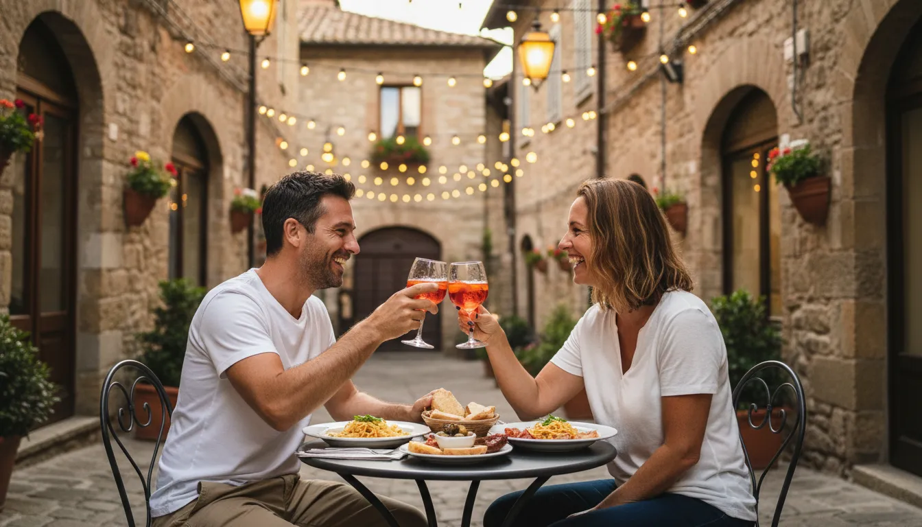 Casal sorrindo enquanto desfrutam de um jantar romântico ao ar livre em uma charmosa rua da Europa.
