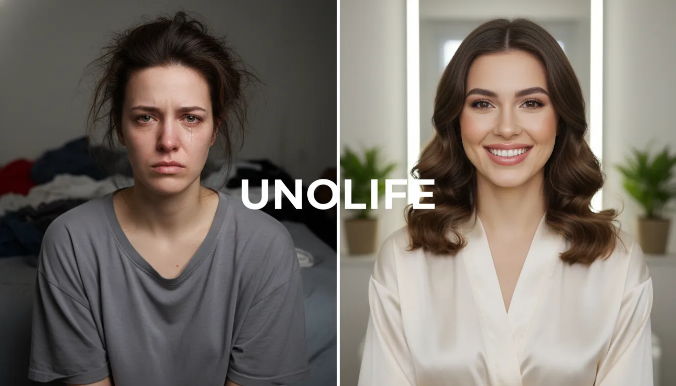 Transformação impactante mostrando a melhora no humor e na aparência após a rotina de skincare, reforçando o papel da Unolife no bem-estar mental e na autoimagem.