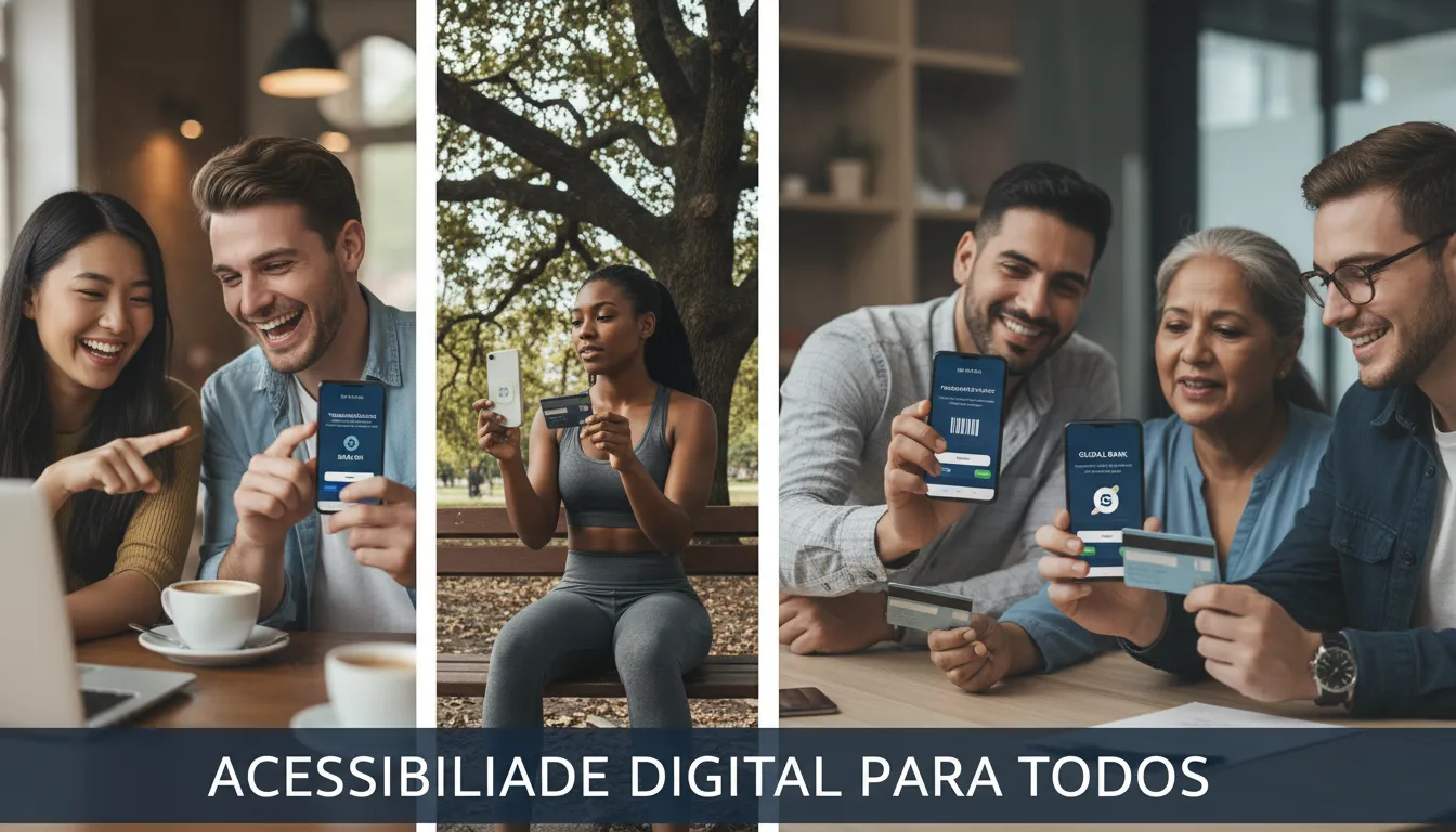 Diversas pessoas usam bancos digitais em smartphones em locais urbanos, mostrando acessibilidade e inclusão