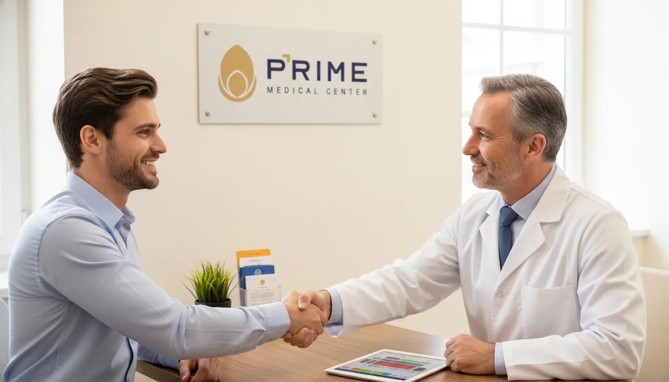 Homem e médico apertam as mãos, simbolizando sucesso tratamento infertilidade masculina e acesso a soluções.