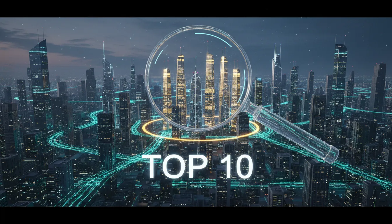 Uma paisagem urbana digital com fluxos de dados representando 'ai overview citations', destacando os 10 principais edifícios com uma lupa.