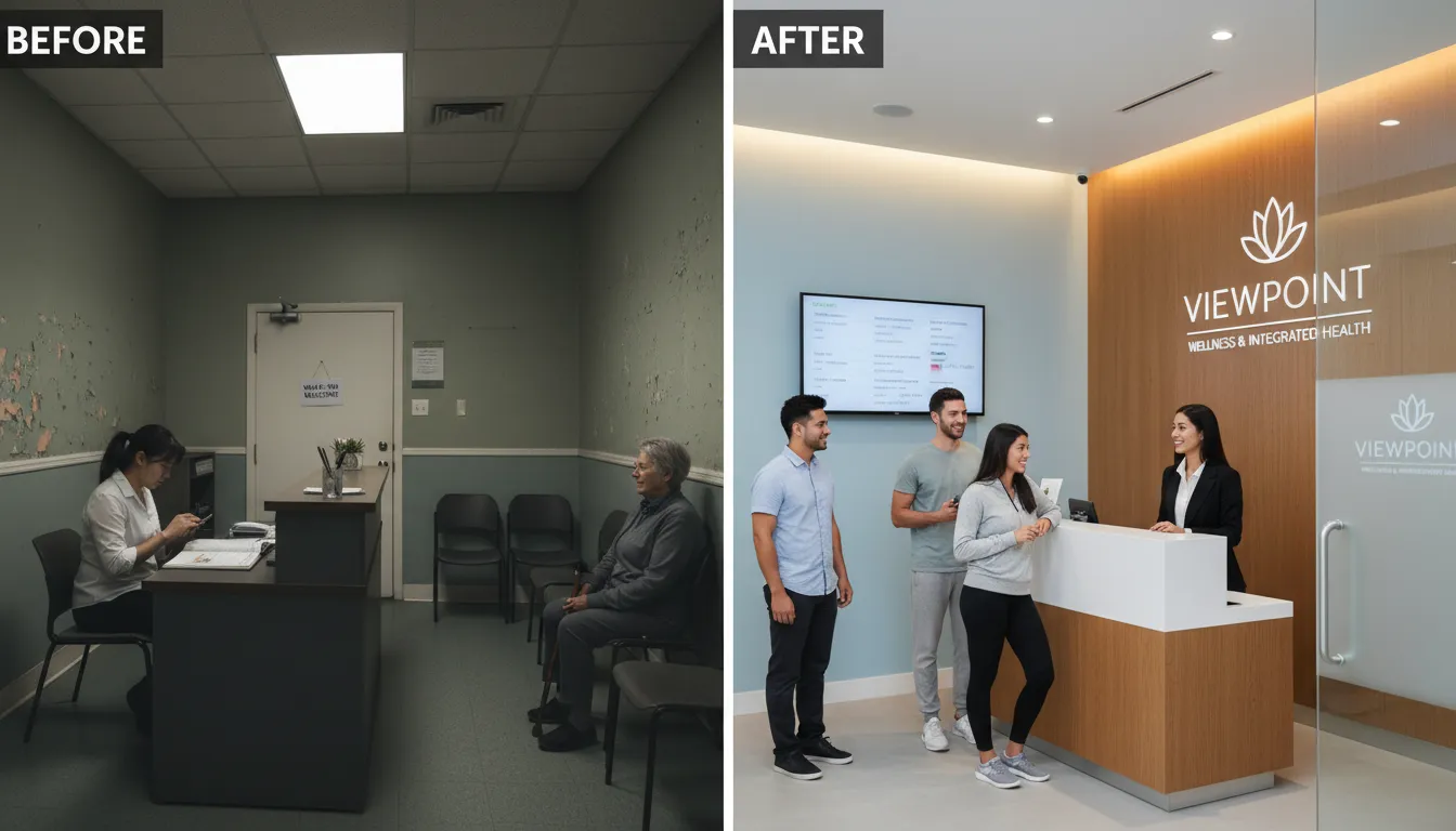 Antes e depois de negócios com marketing estratégico para ajudar negócios aparecer chatgpt gemini. Clínica prosperando.