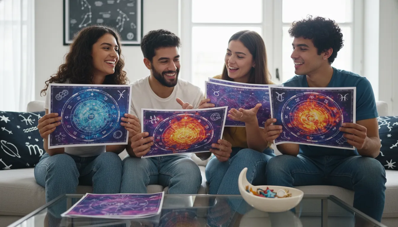 Grupo diversificado analisando cartas astrológicas impressas em ambiente moderno e descontraído.