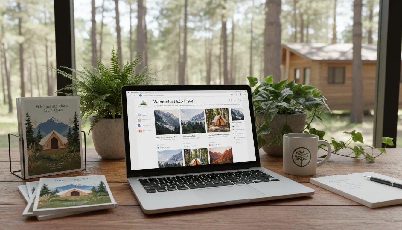 Espaço de trabalho rústico com notebook exibindo redes sociais de turismo rural e folders de cabanas ecológicas.