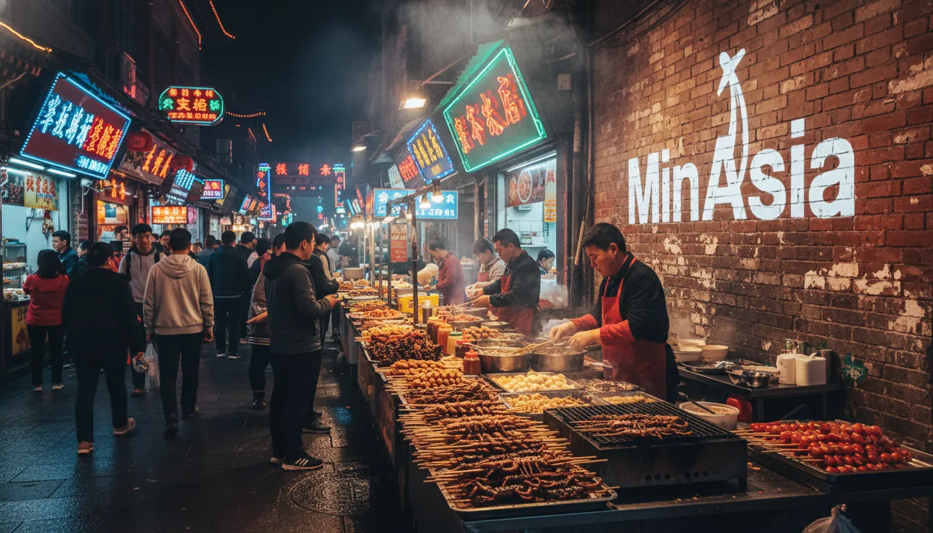 Movimentada rua de lanches noturna em Pequim, China, com luzes neon, comida exótica e multidão animada.