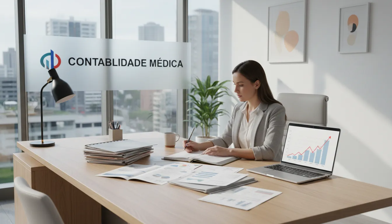 Contador trabalhando em escritório moderno, analisando documentos financeiros. Imagem ideal para artigo sobre Contabilidade Especializada para Clínicas Médicas.