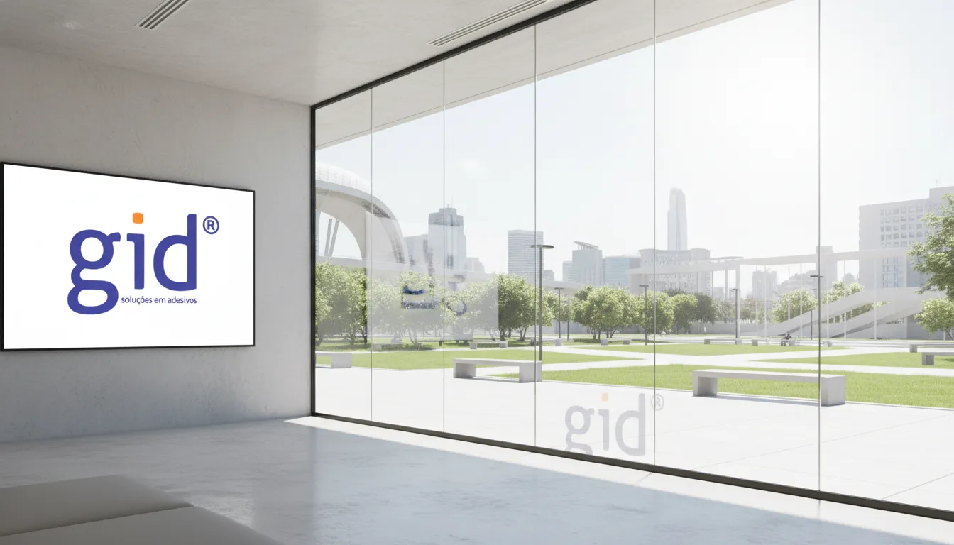 Vidro com adesivo transparente GID em edifício moderno, exibindo clareza e durabilidade do adesivo cristal.