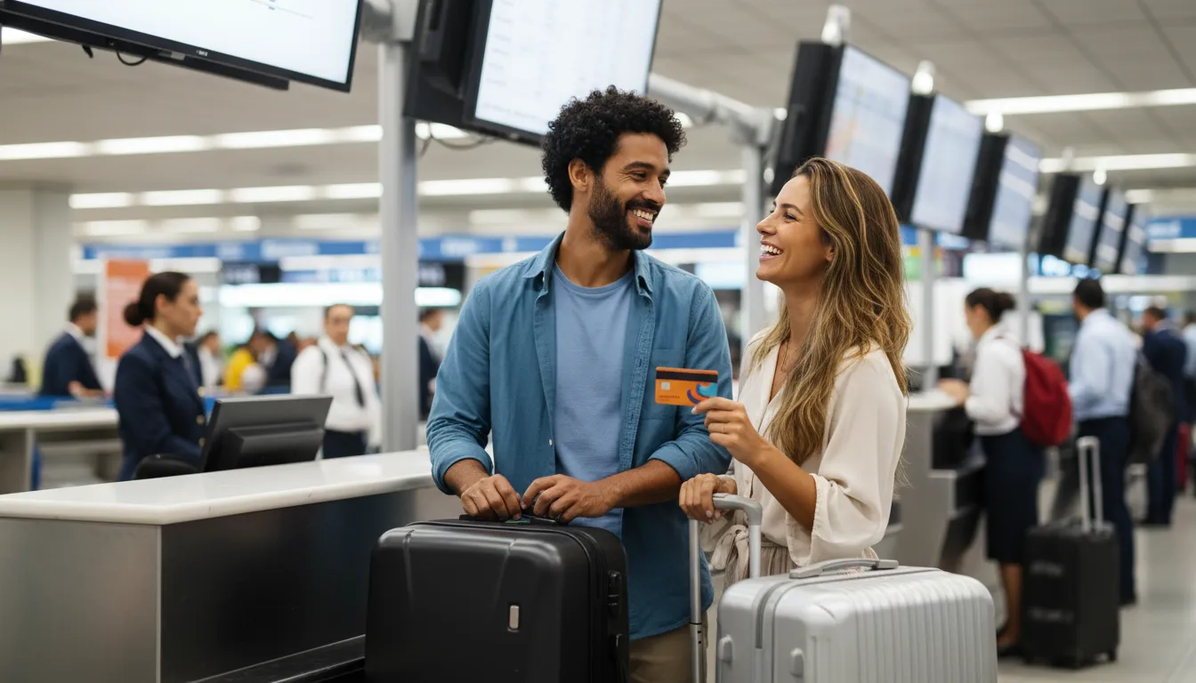 Casal feliz no aeroporto usando cartão Itaucard, com malas ao lado, ilustrando a facilidade de viajar com milhas.