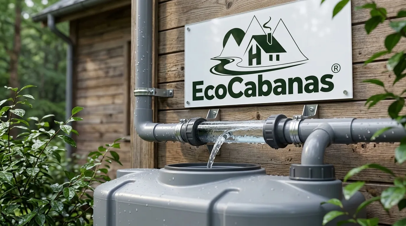 Detalhe de filtro do sistema de captação de água da chuva instalado na lateral de uma cabana ecológica.