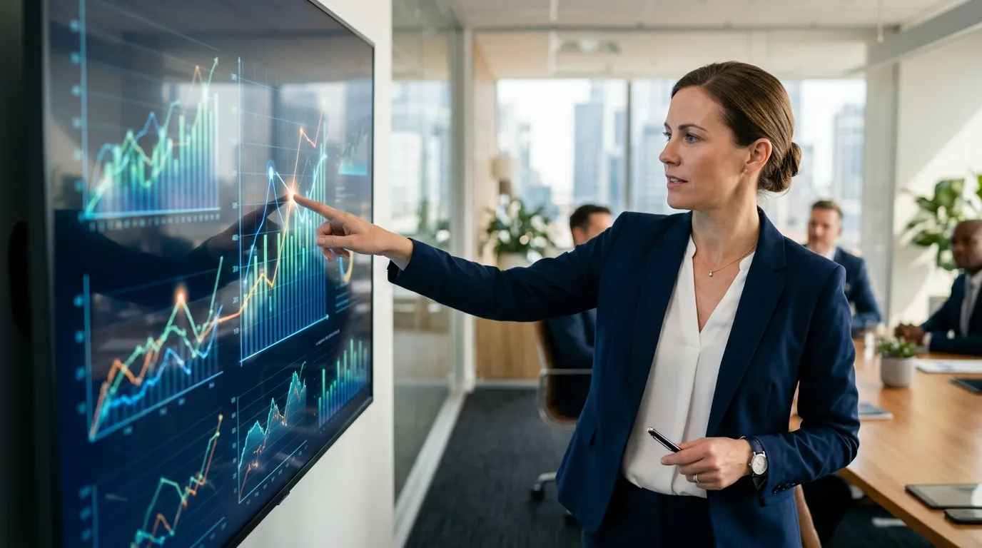 Consultora explicando o ponto de equilíbrio financeiro corporativo.