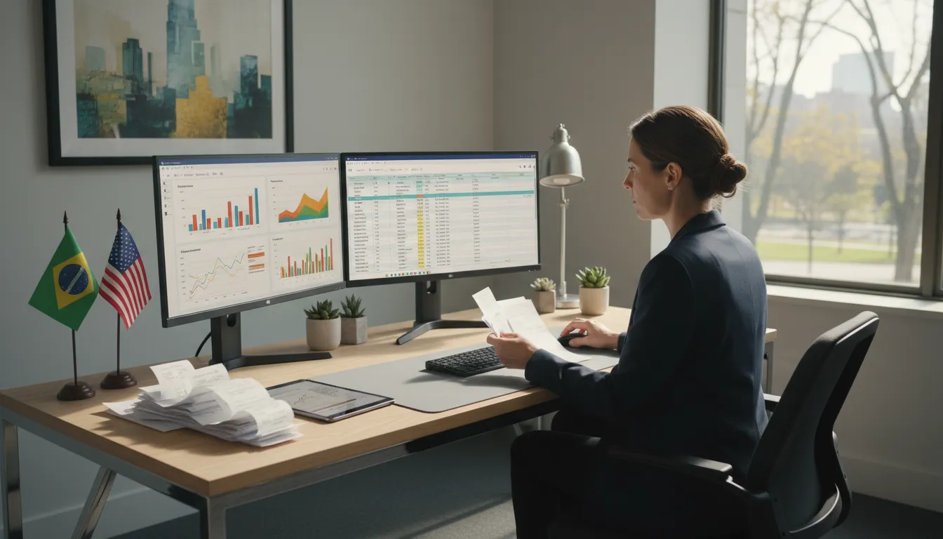 Contador trabalhando em mesa moderna com recibos, planilhas e telas de gráficos digitais, bandeiras dos EUA e Brasil