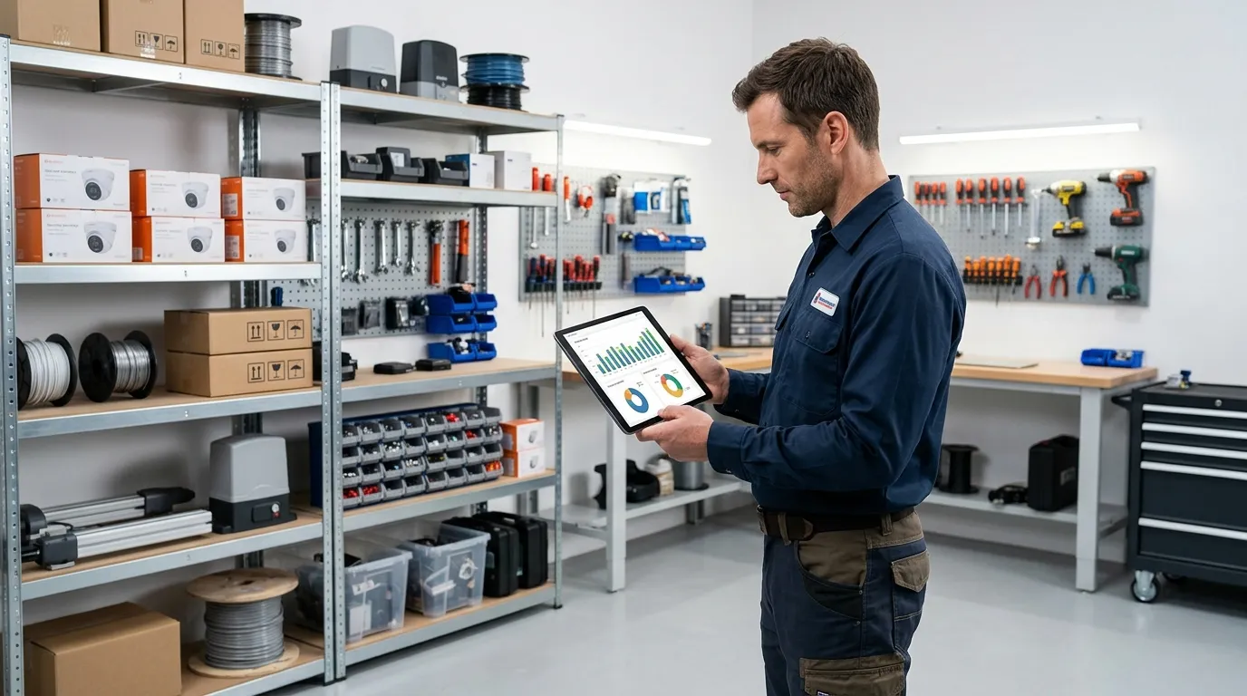 Tecnico analisa exemplo de dashboard financeiro em um tablet dentro de sua oficina de seguranca eletronica.