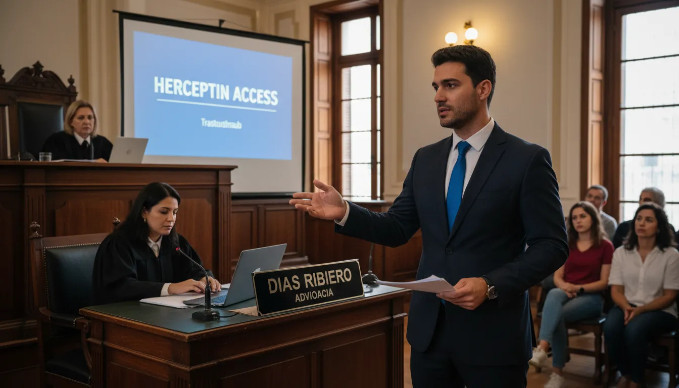 Cena realista de um tribunal com advogado da Dias Ribeiro Advocacia defendendo o acesso ao Trastuzumab (Herceptin®) pelo plano de saúde. Foco na argumentação legal.