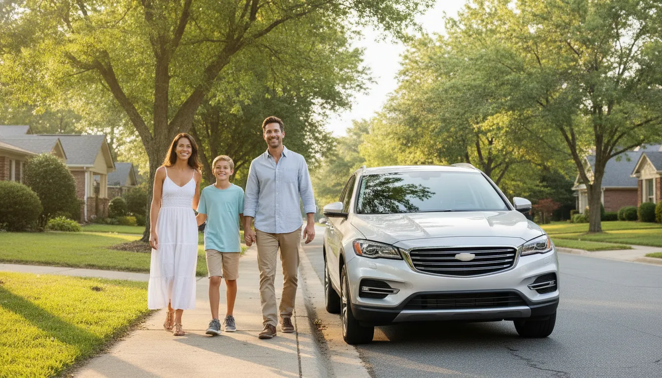 Família feliz caminha para carro, transmitindo paz de espírito com proteção veicular confiável.
