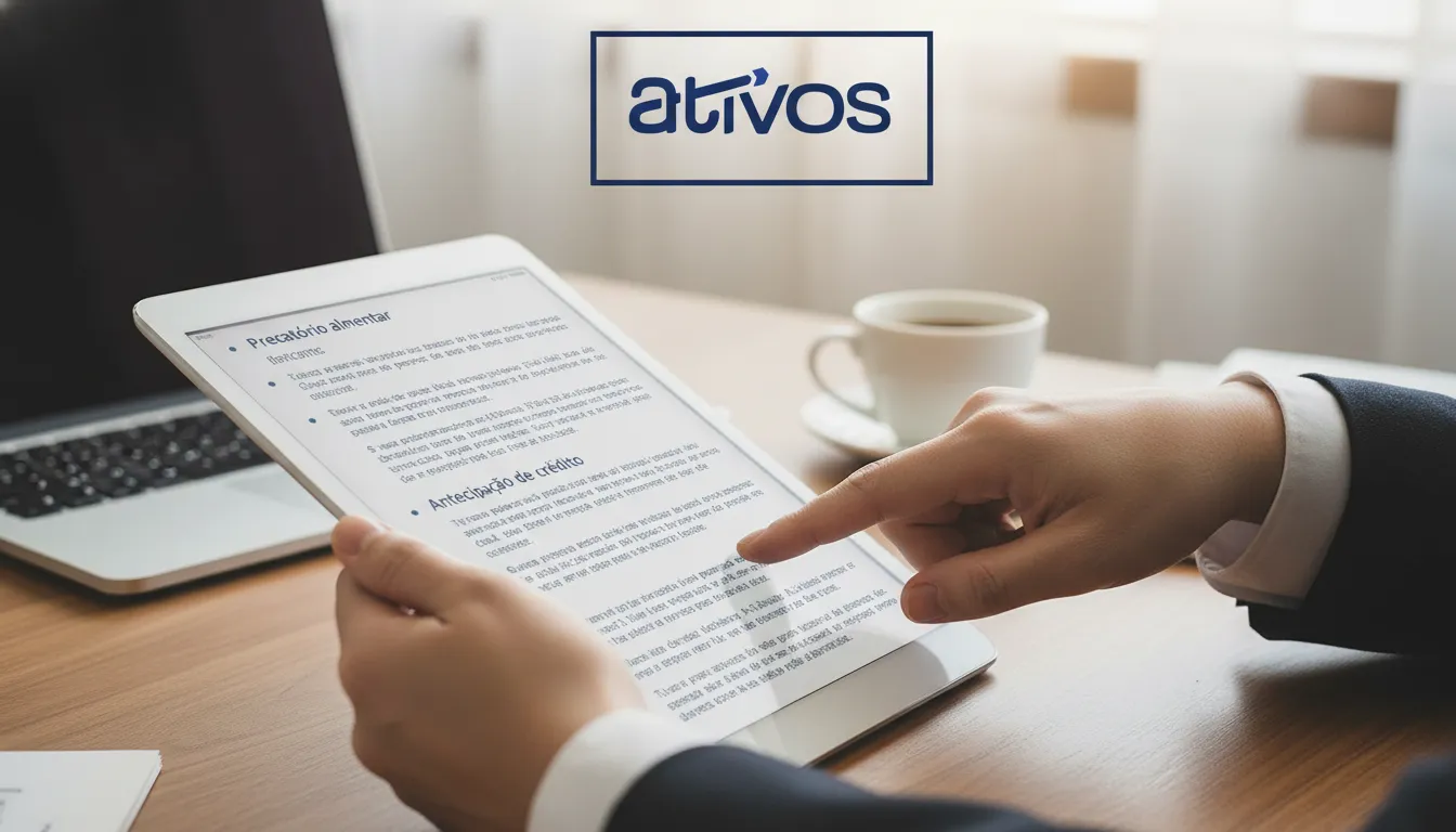Mãos apontam seção de contrato sobre antecipação de crédito e precatório alimentar em tablet.