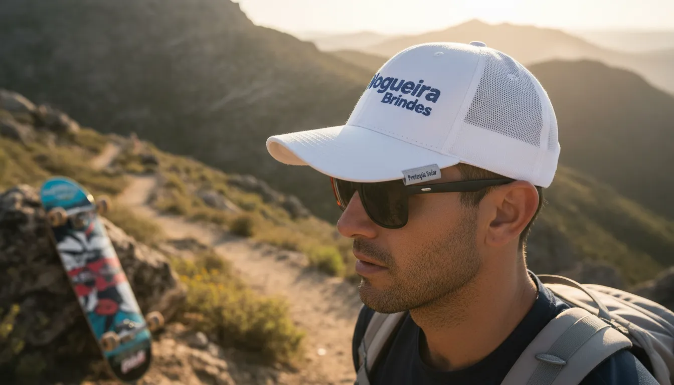 Pessoa usando um boné personalizado da Nogueira Brindes durante uma atividade ao ar livre, destacando a proteção solar.
