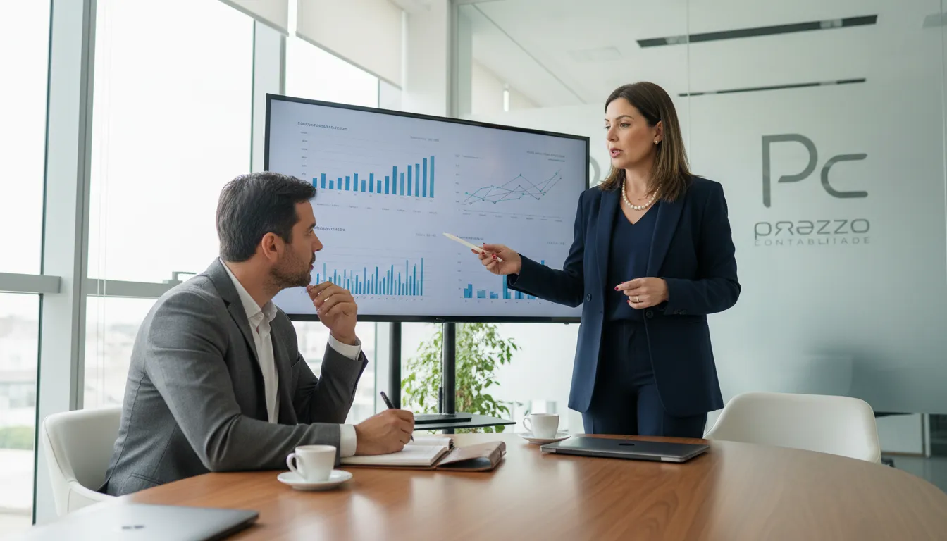 Empreendedor em reunião com consultor da Prezzo Contabilidade discutindo estratégias financeiras para o Lucro Real, ilustrando a Contabilidade Especializada em Lucro Real em São Paulo.