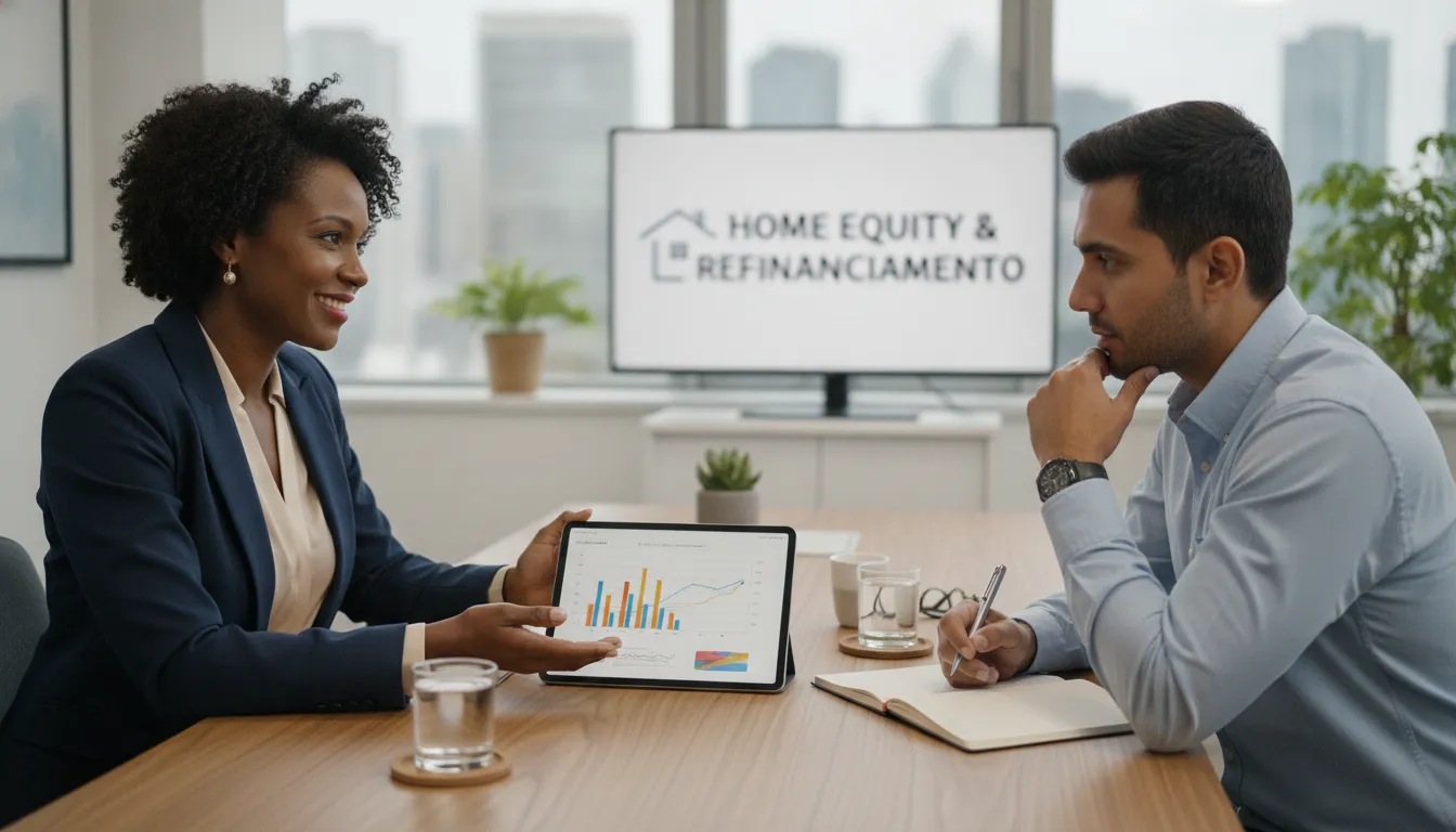 Consultor financeiro explica home equity ou refinanciamento para cliente em escritório moderno e confiável.