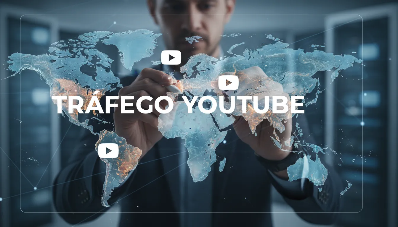 Um gestor de trafego posicionando estrategicamente logos do YouTube em um mapa digital, representando o posicionamento estratégico no YouTube.
