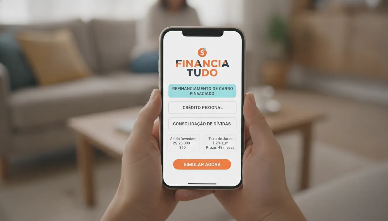 Mãos usando aplicativo Financia Tudo para simular refinanciamento de carro financiado, mostrando praticidade.