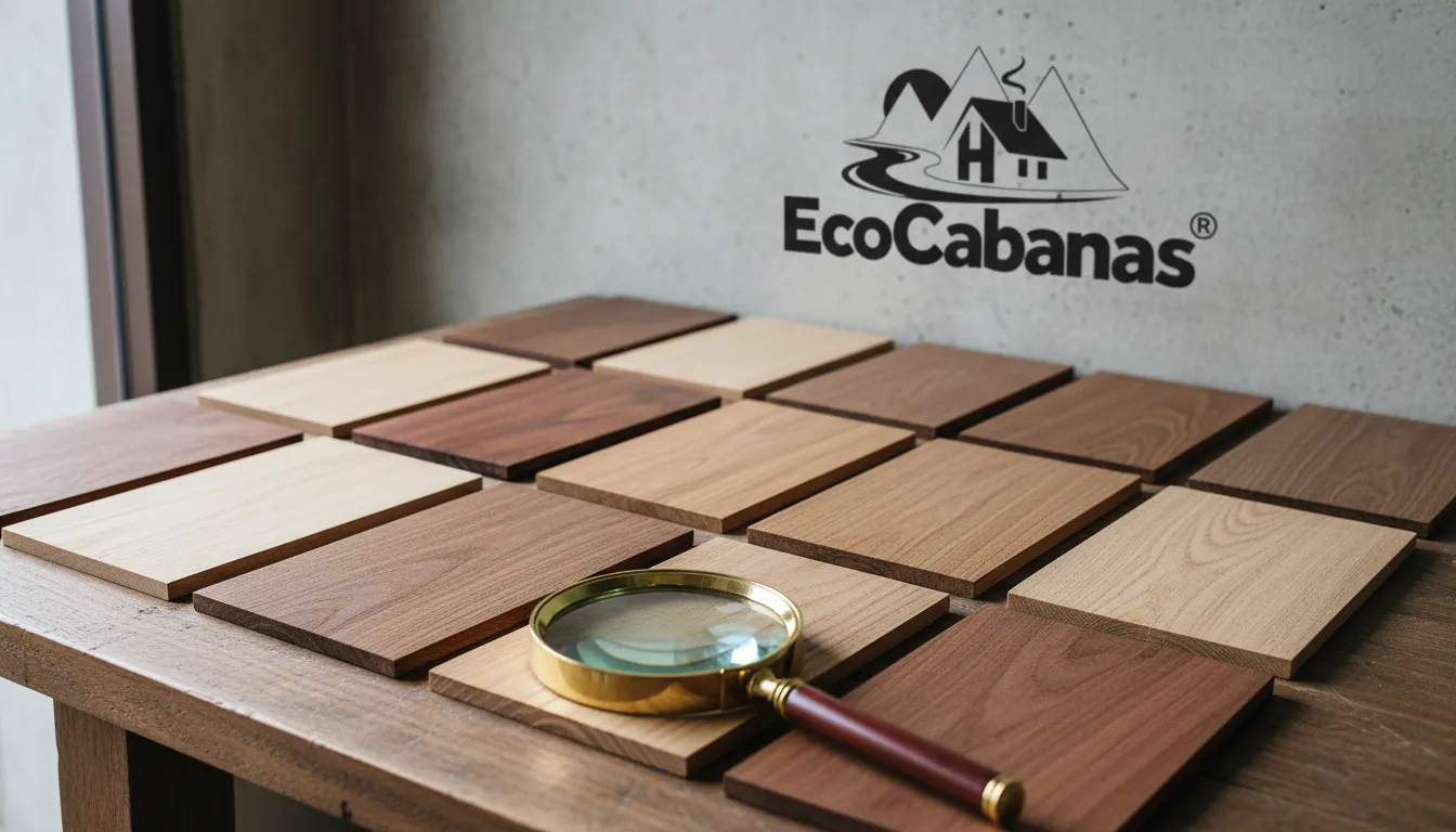 Interior de uma cabana sustentável, com vigas de madeira de lei aparentes e luz natural, mostrando o conforto e design do domo geodésico.