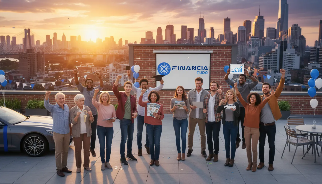 Grupo diverso celebrando conquistas financeiras com crédito com veículo como garantia taxas baixas da Financia Tudo, ao pôr do sol.