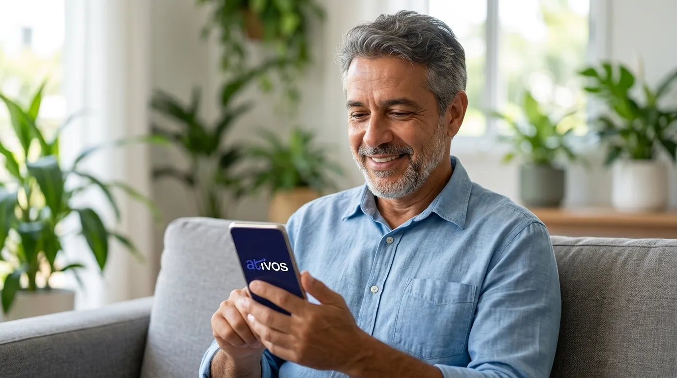 Homem feliz ao acompanhar precatório TJBA pelo celular na sala de estar.