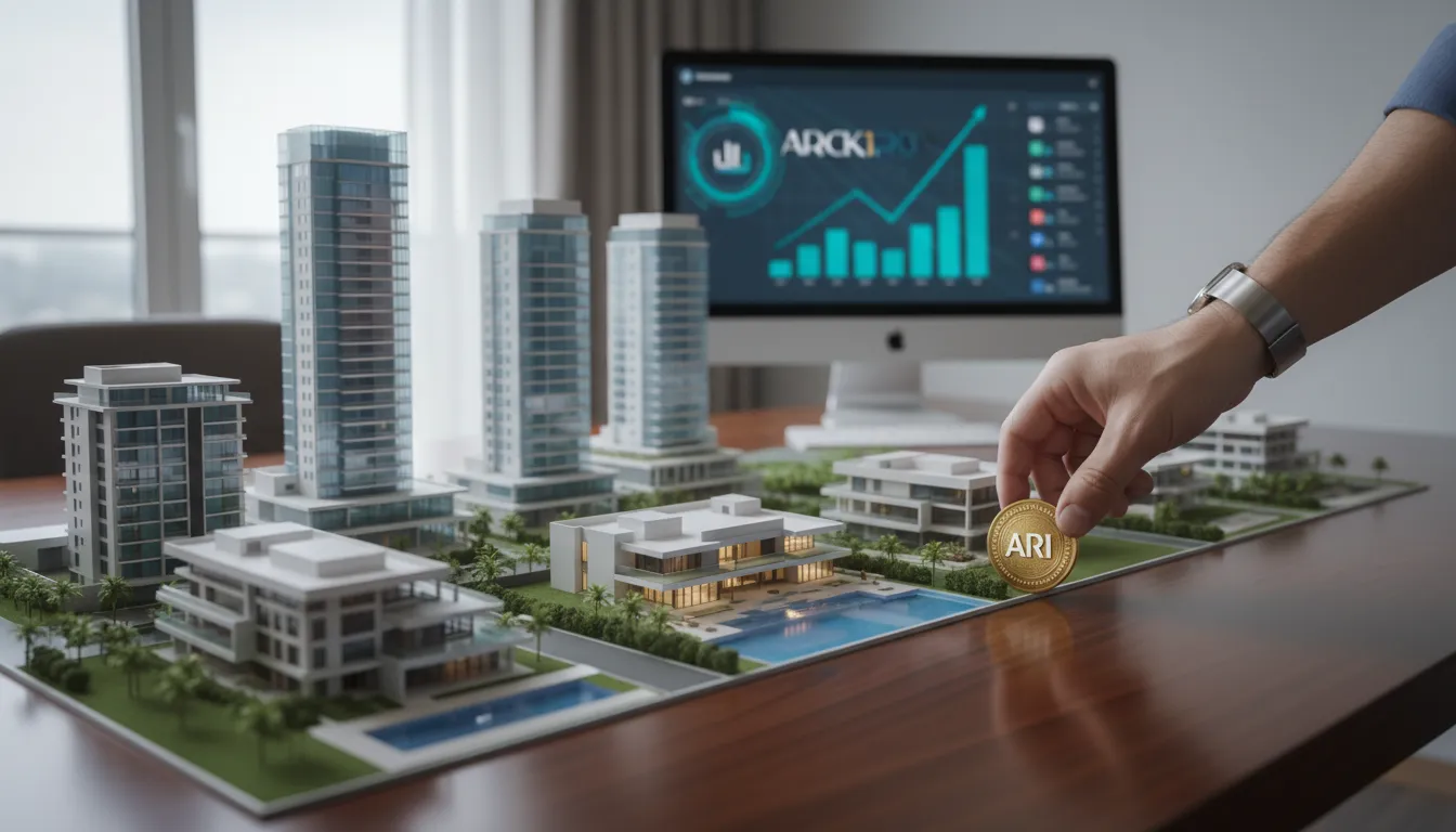 Modelos arquitetônicos simbolizam diversificação patrimônio imóveis. Mão coloca token ARI, sucesso financeiro.