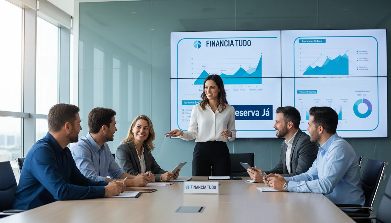 Pessoas reunidas com consultor da Financia Tudo discutem estratégias para a reserva de emergência, buscando planejamento financeiro e objetivos alcançados.
