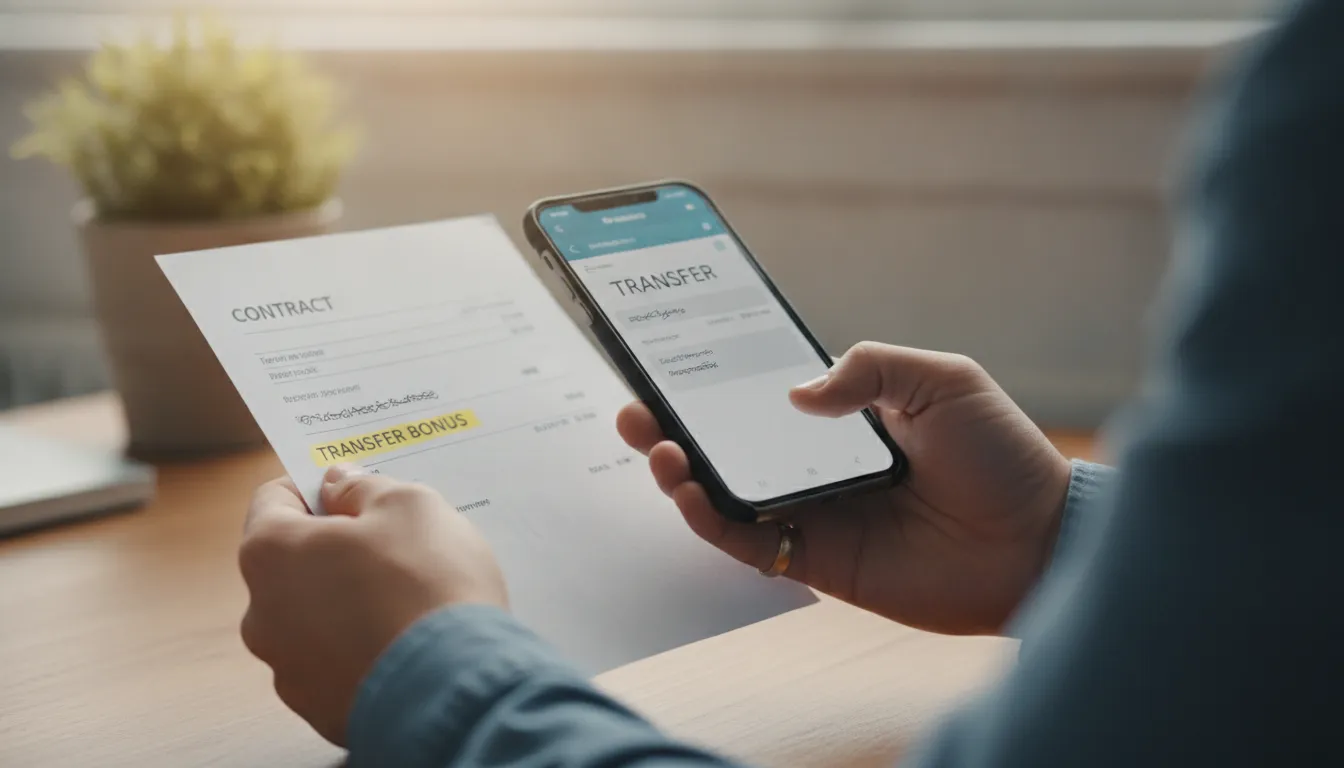 Mãos seguram celular e documento, evidenciando notificação de transferência e o direito ao adicional de transferência.