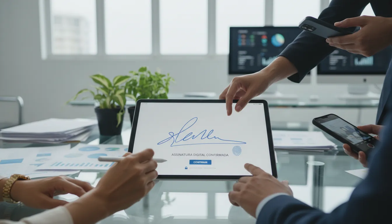 Mãos assinando contrato digital em tablet em ambiente que destaca segurança e tecnologia
