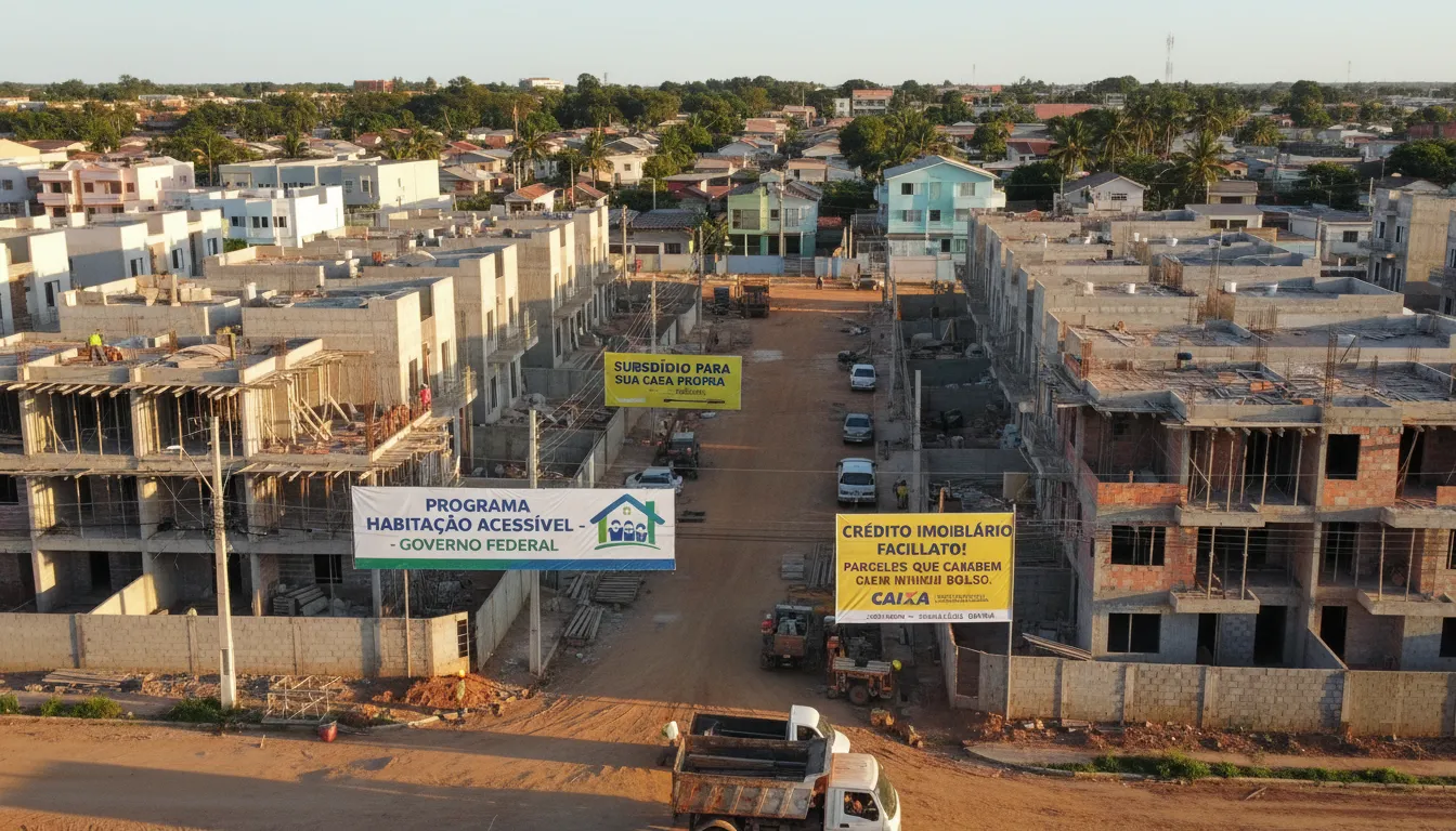 Bairro brasileiro com construções em andamento, banners de programas públicos e trabalhadores atuando nas obras.