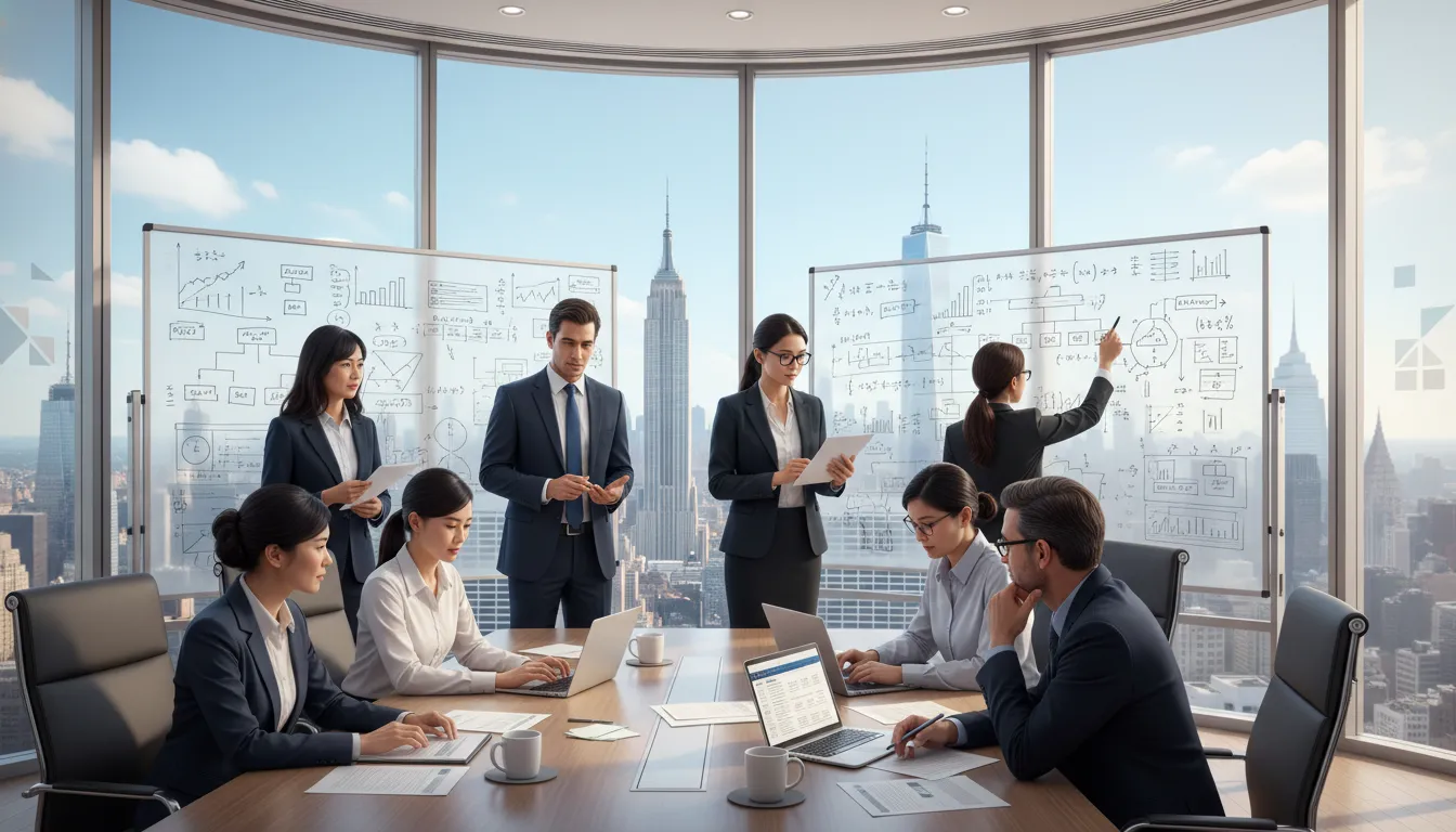 Equipe de contadores trabalhando juntos, demonstrando a necessidade de um contador nos EUA para soluções financeiras complexas.