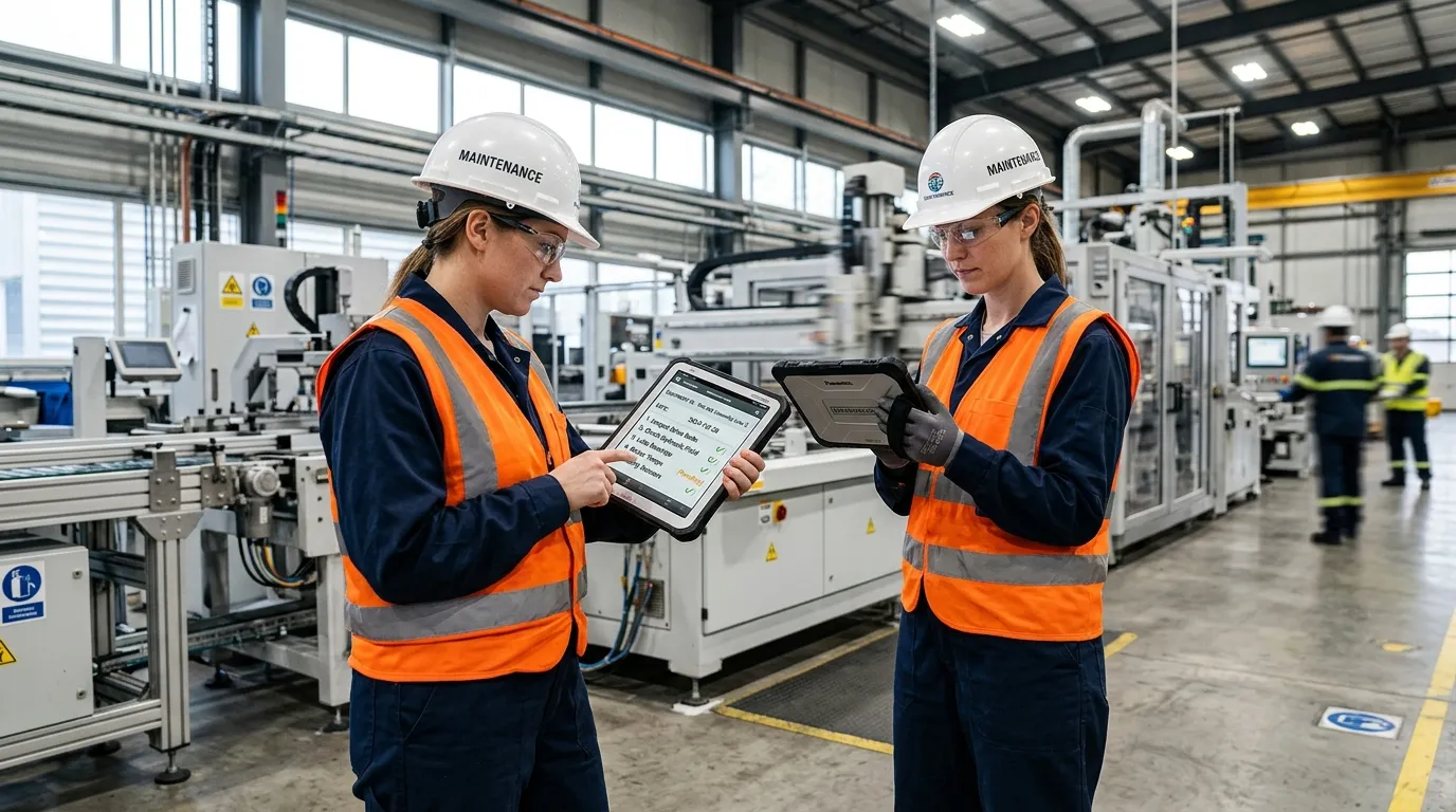 Tecnico utiliza tablet com software de planejamento de manutenção em fabrica.