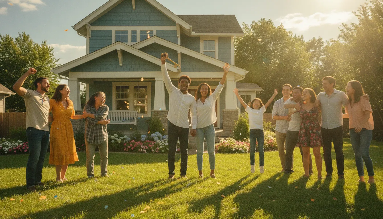Família feliz celebrando compra casa após avaliação de imóvel home equity.