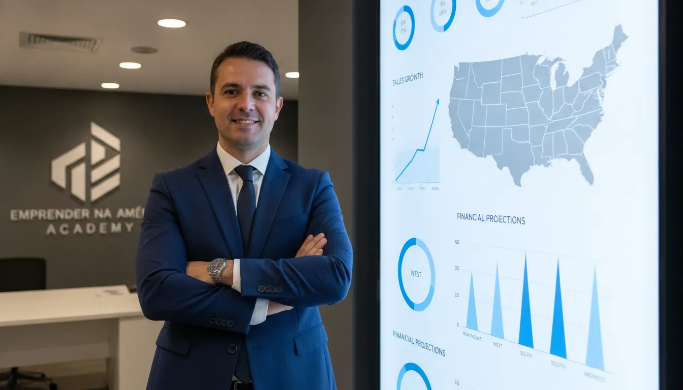 Empreendedor analisando dados em painel digital para escalar um negócio nos Estados Unidos com métricas de crescimento.