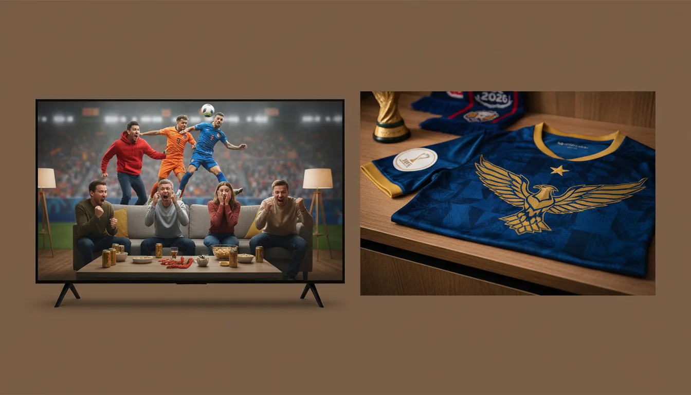 TV exibindo jogo tenso e camisa do futuro campeão copa do mundo 2026.