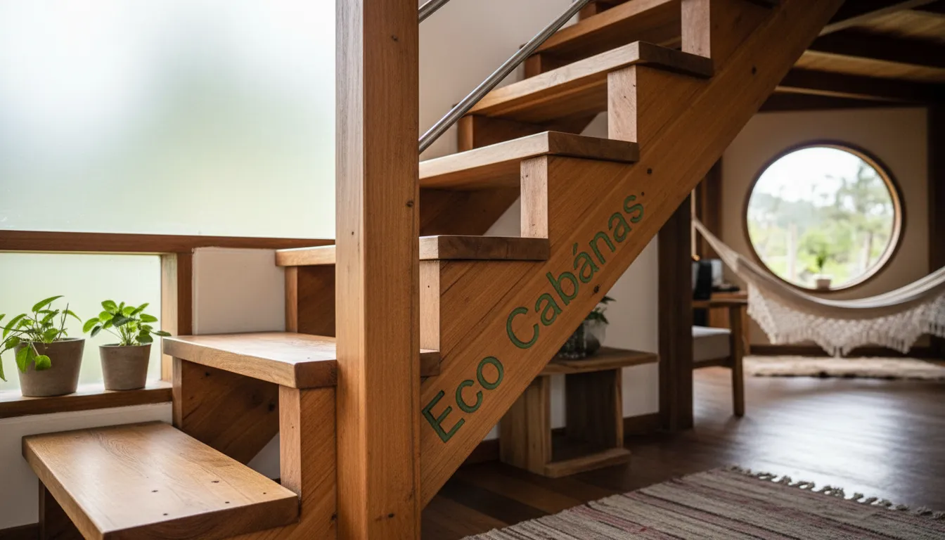 Detalhe de uma escada de madeira compacta em uma cabana Eco Cabanas, mostrando o design inovador e a otimização do espaço para acesso ao mezanino.