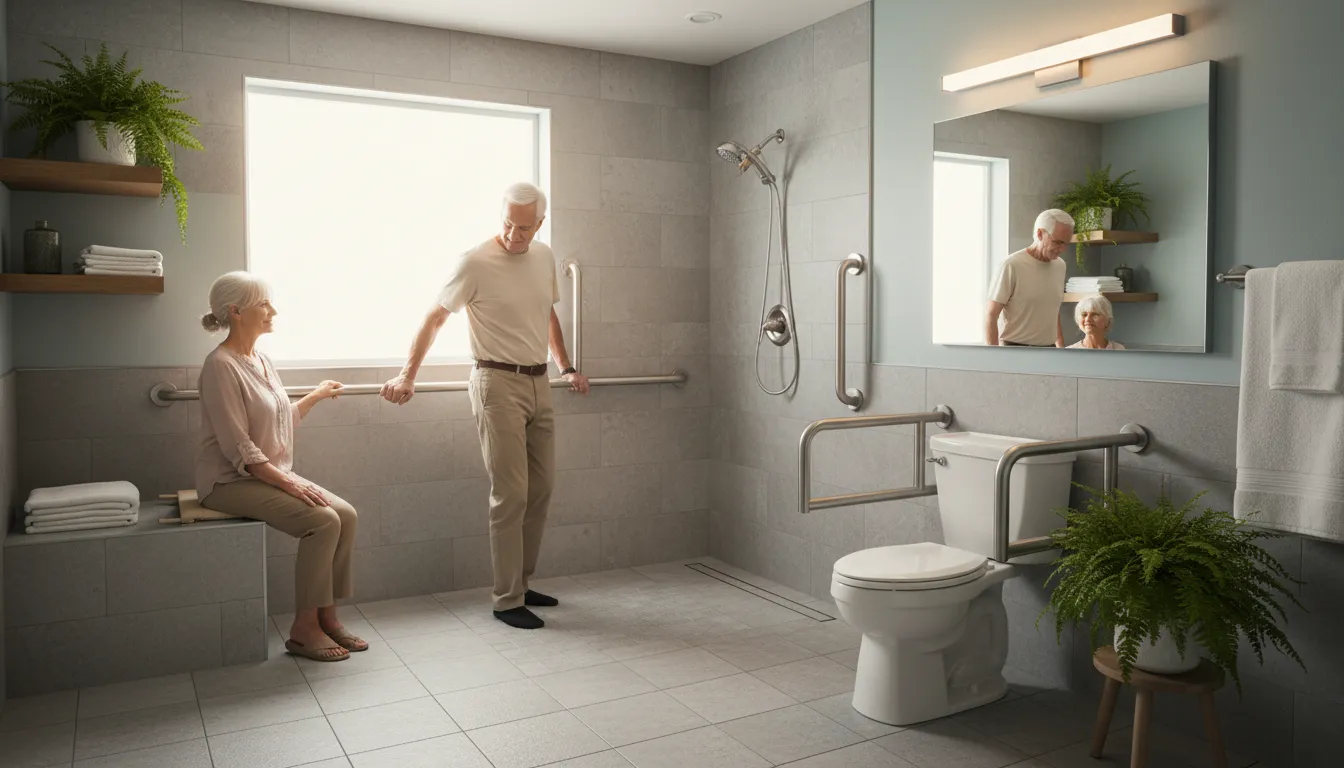 A safe bathroom with grab bars and a walk-in shower, prioritizing safety when preparing home for aging.