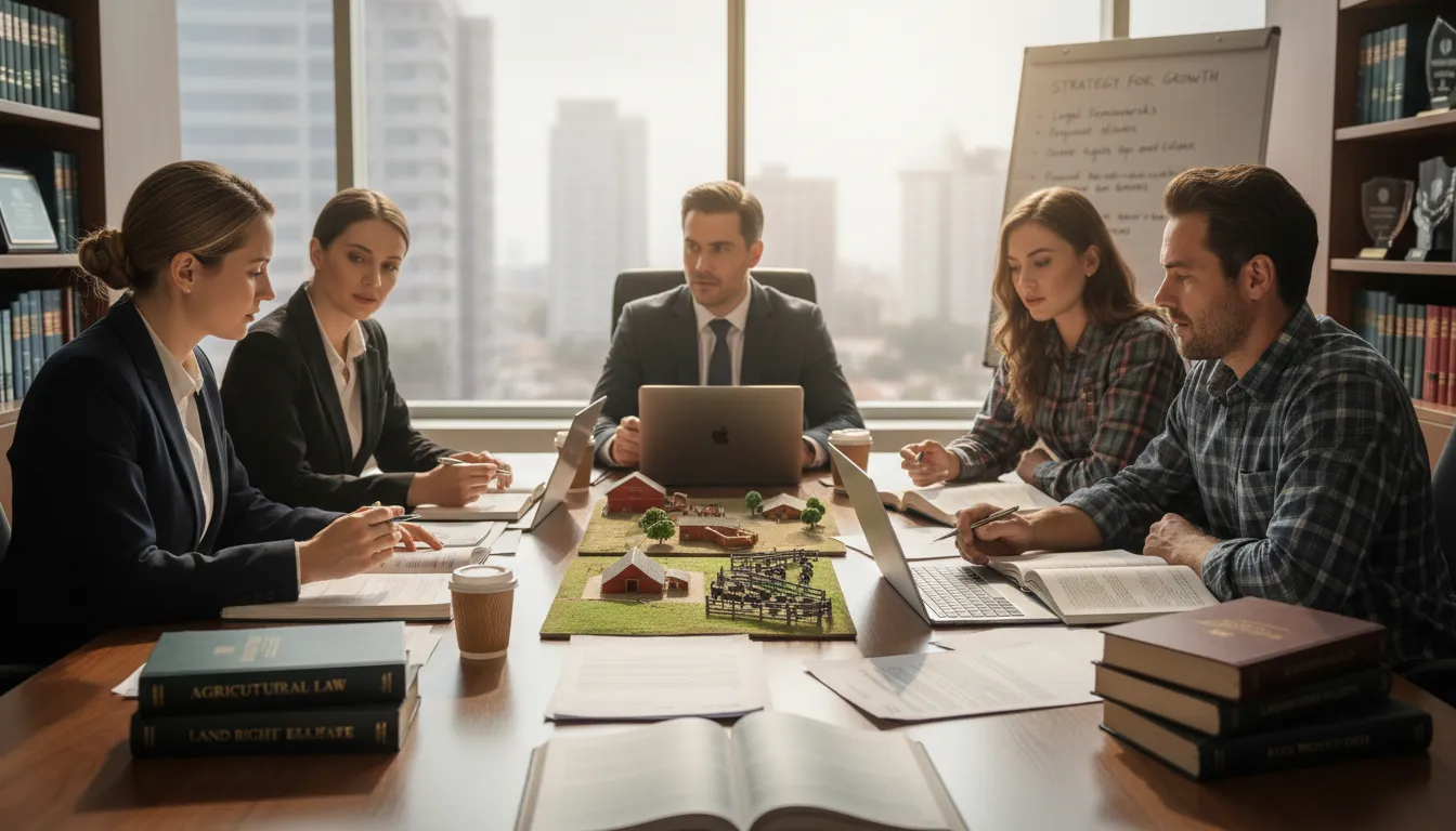 Reunião entre advogados e empreendedores rurais em escritório moderno, destacando soluções jurídicas para o agronegócio.