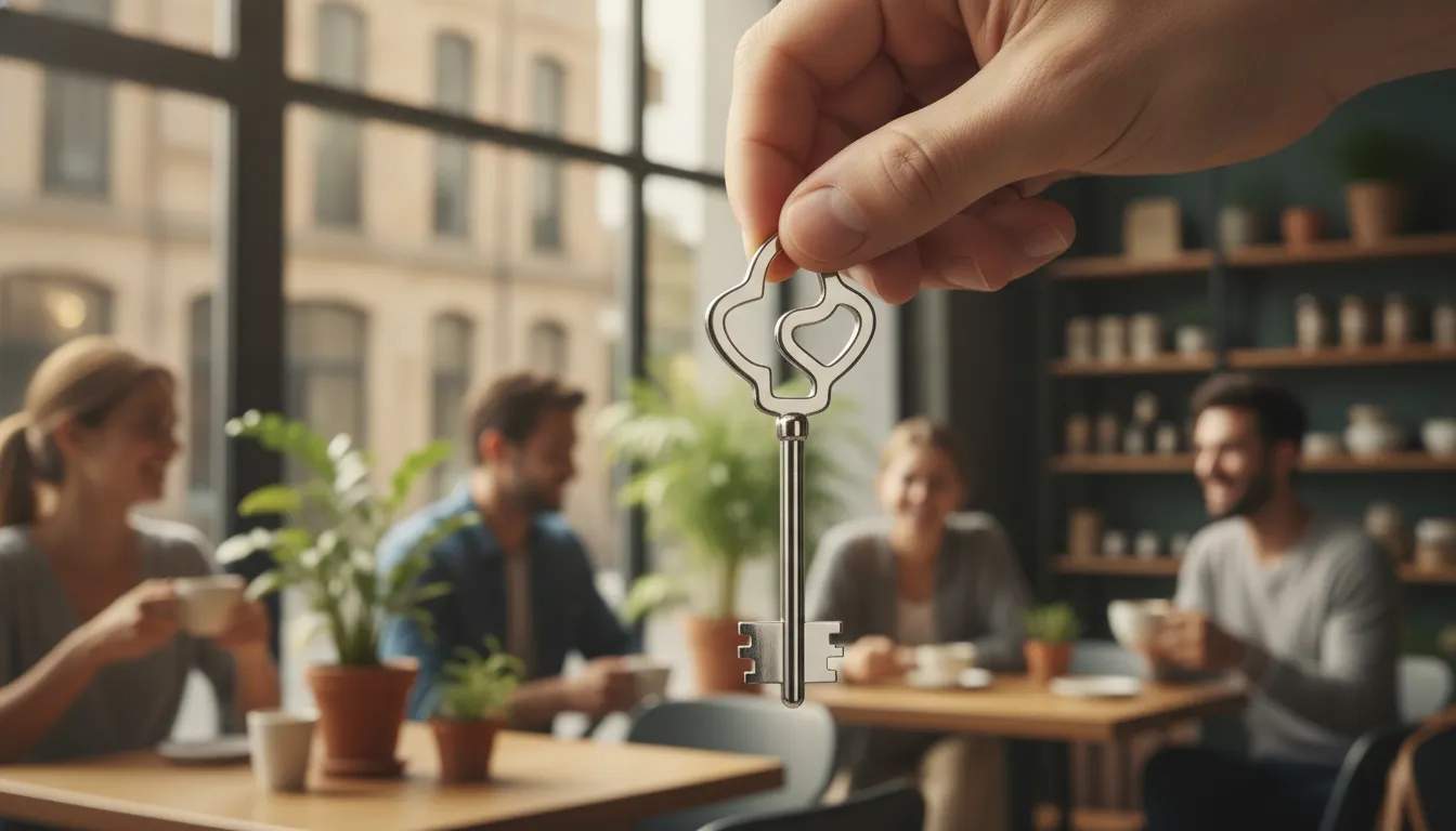 Mão segurando chave de casa, com negócio próspero ao fundo, simbolizando home equity para empresas.