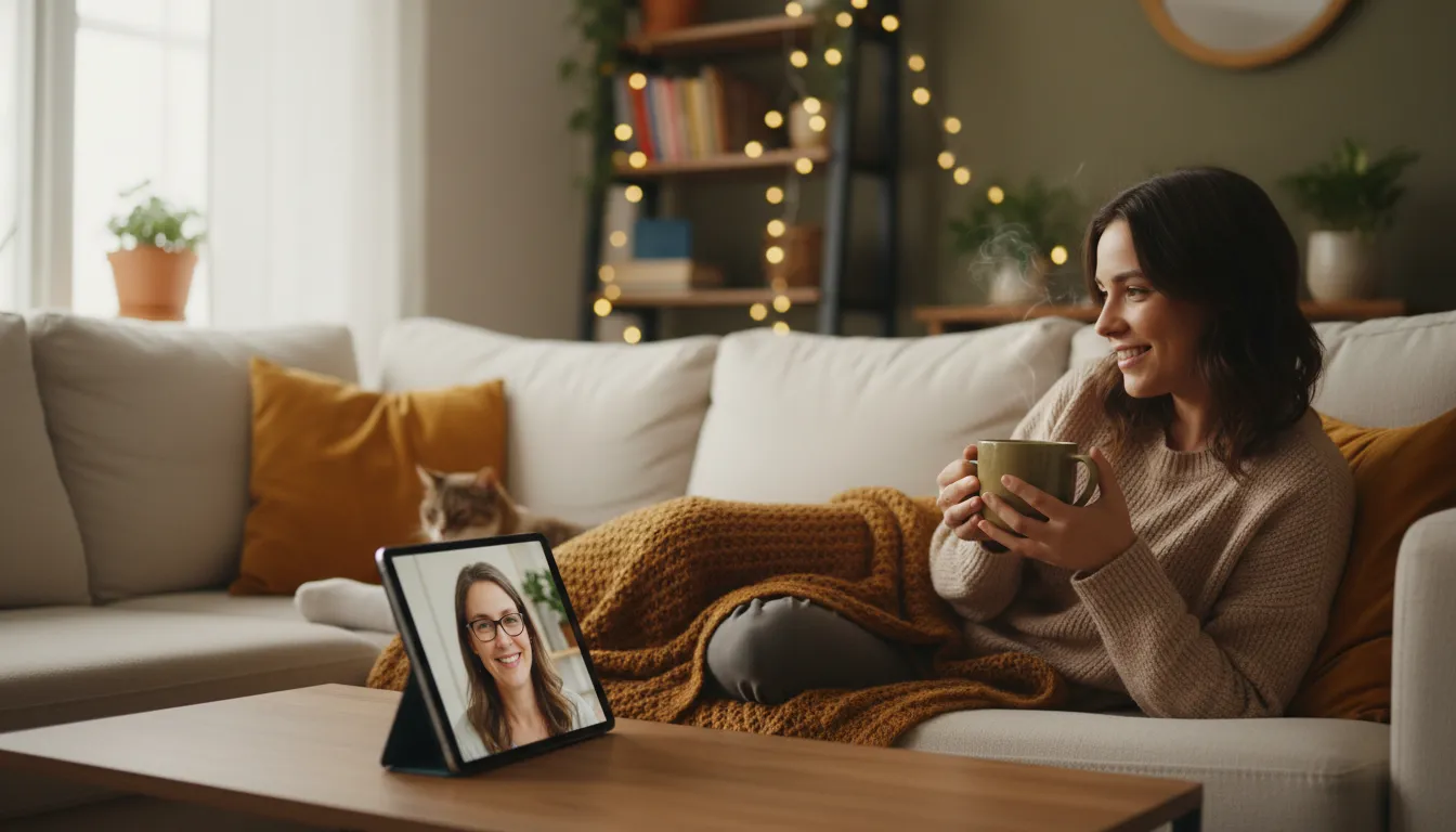 Mulher relaxada fazendo terapia online no sofá, demonstrando o conforto do atendimento em psicologia online.